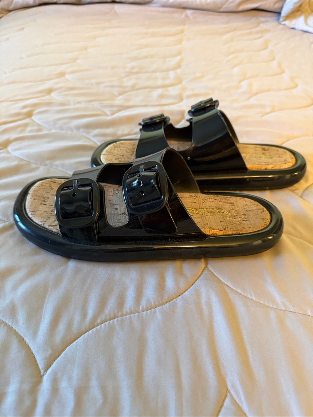 Skechers Glossy Black Double-Buckle Slide Sandals